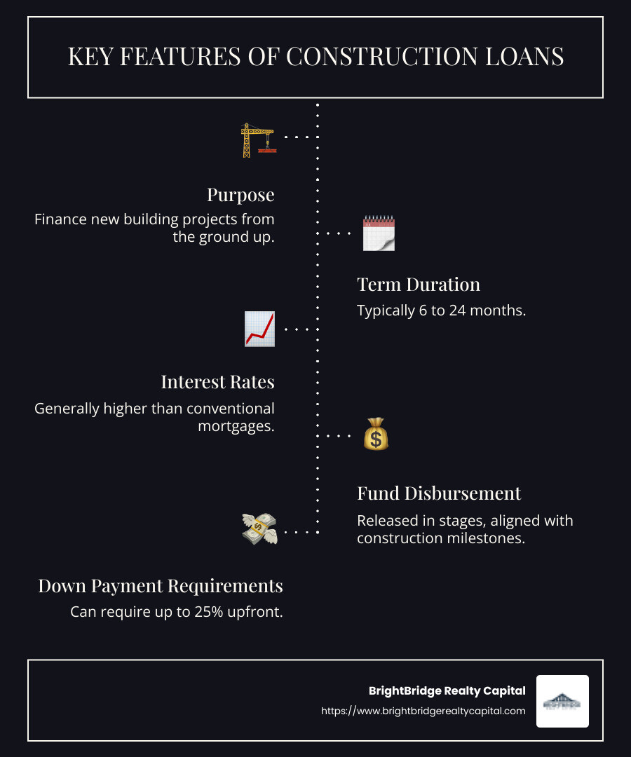 Infographic detailing key features of construction loans: Purpose, Term Duration, Interest Rates, Fund Disbursement, Down Payment Requirements - construction loans for developers infographic infographic-line-5-steps-dark