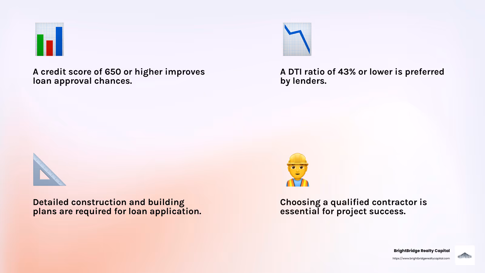 A solid credit score and detailed construction plans are crucial for securing a construction loan. - construction loans for developers infographic 4_facts_emoji_light-gradient