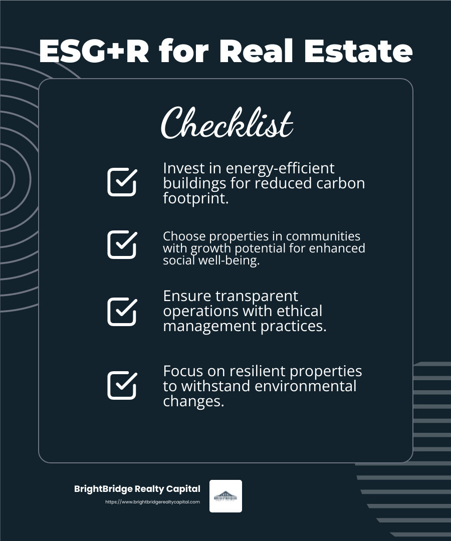 ESG+R Practices Improve Property Value - Real estate investors NY infographic checklist-dark-blue