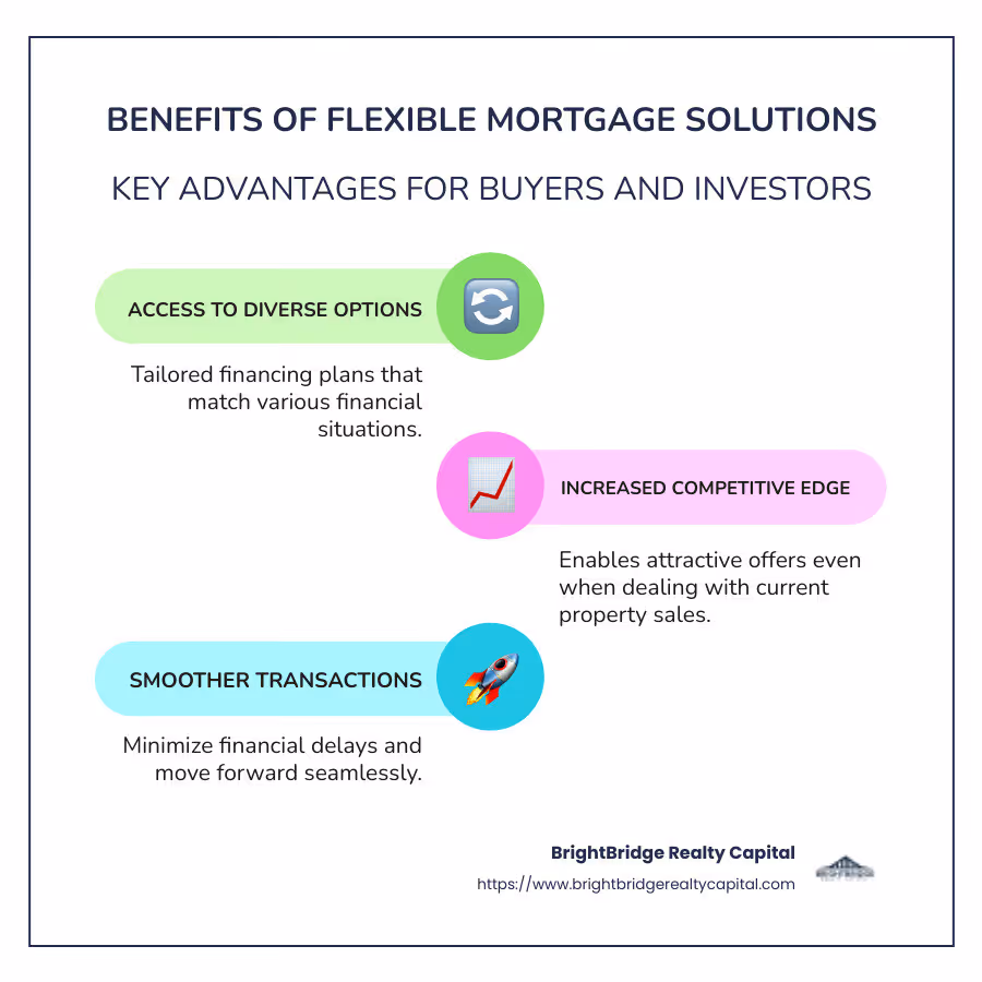 infographic detailing the benefits of flexible mortgage solutions, including diverse options, competitive edge, and reduced transaction delays - flexible mortgage solutions infographic infographic-line-3-steps-colors