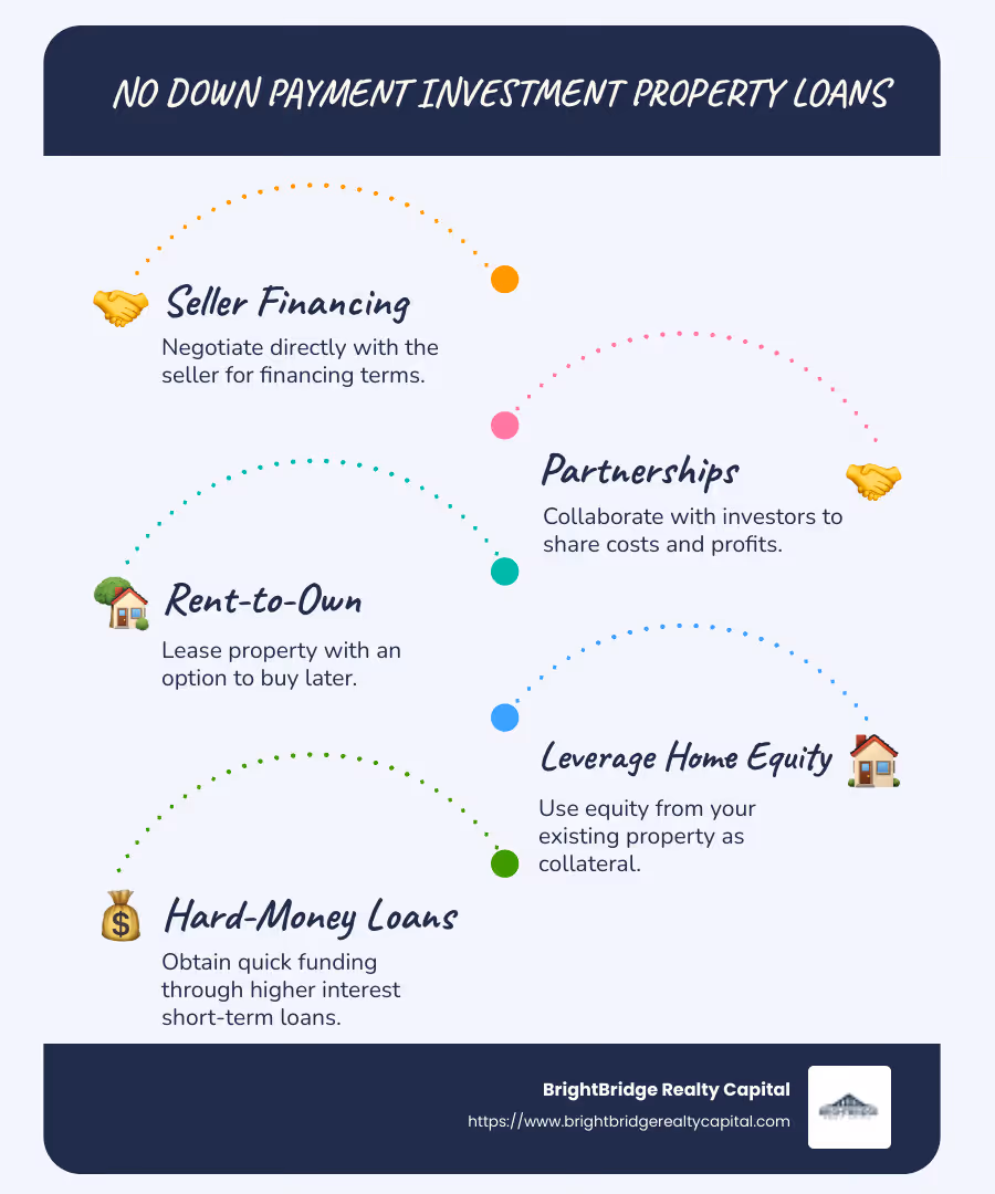 Infographic detailing various no down payment loan options available for investment properties including seller financing, partnerships, and leveraging existing assets - investment property loans with no down payment infographic infographic-line-5-steps-blues-accent_colors