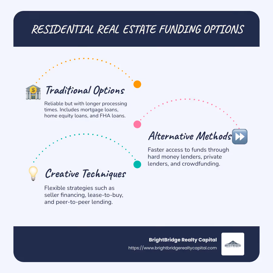 Infographic comparing traditional and alternative financing methods for residential real estate - residential real estate funding infographic infographic-line-3-steps-blues-accent_colors