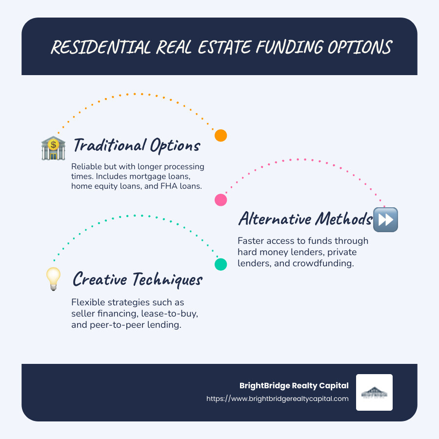 Infographic comparing traditional and alternative financing methods for residential real estate - residential real estate funding infographic infographic-line-3-steps-blues-accent_colors