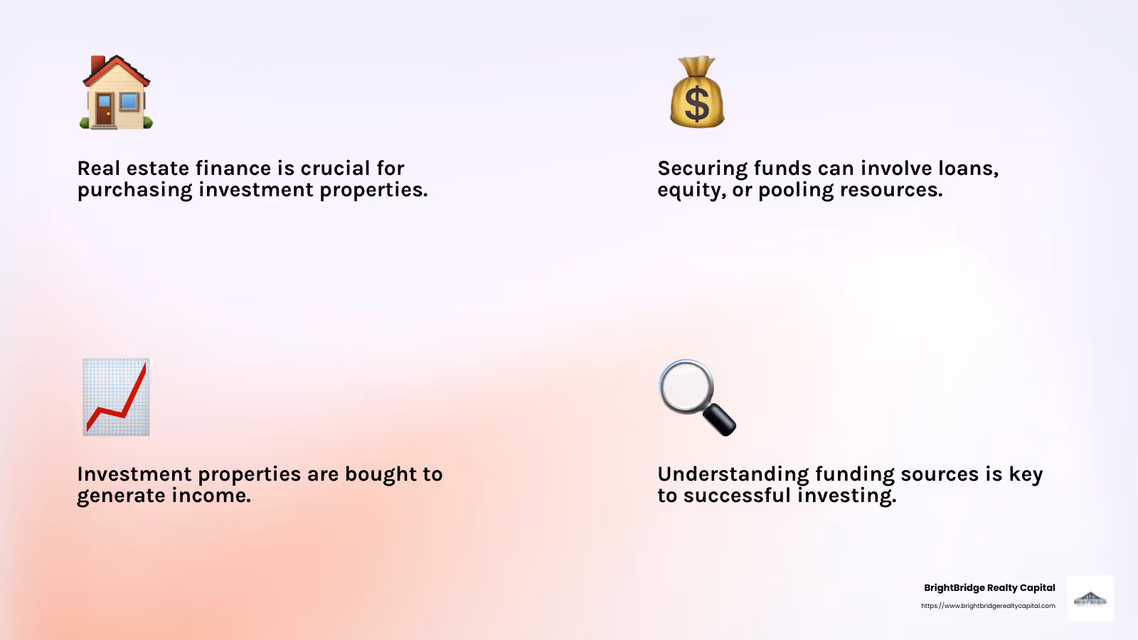 Real estate finance involves securing funds to purchase property - residential real estate funding infographic 4_facts_emoji_light-gradient