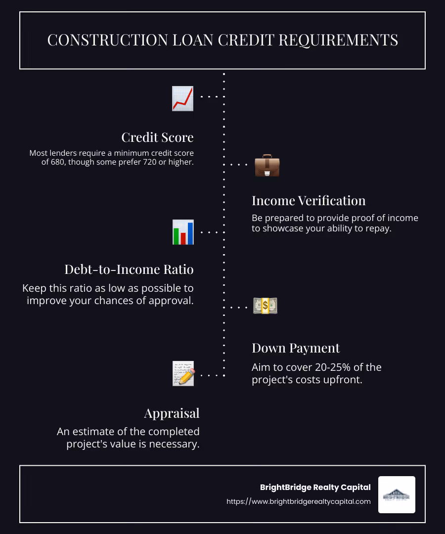 Infographic detailing steps in construction loan credit requirements including credit score, income verification, debt-to-income ratio, down payment, detailed project plan, and appraisal - construction loan credit requirements infographic infographic-line-5-steps-dark