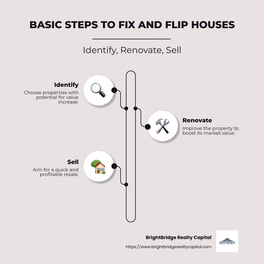An infographic detailing the basic steps to fix and flip houses: identify, renovate, sell, with key tips for each step such as property analysis, budgeting, and market evaluation. - fix and flip houses for beginners infographic infographic-line-3-steps-neat_beige