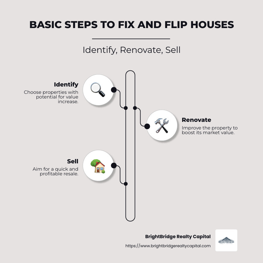 An infographic detailing the basic steps to fix and flip houses: identify, renovate, sell, with key tips for each step such as property analysis, budgeting, and market evaluation. - fix and flip houses for beginners infographic infographic-line-3-steps-neat_beige An infographic detailing the basic steps to fix and flip houses: identify, renovate, sell, with key tips for each step such as property analysis, budgeting, and market evaluation. - fix and flip houses for beginners infographic infographic-line-3-steps-neat_beige