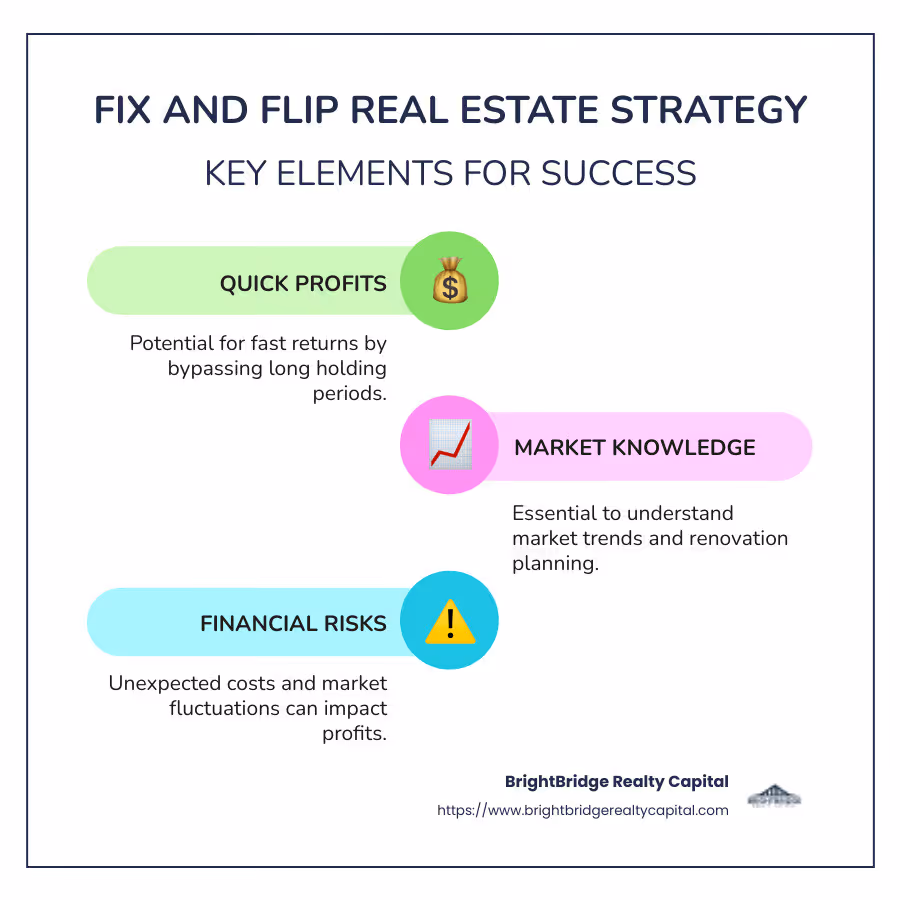 Infographic detailing quick profits, necessary knowledge, risks, and financing options in fix and flip real estate - fix and flip houses infographic infographic-line-3-steps-colors