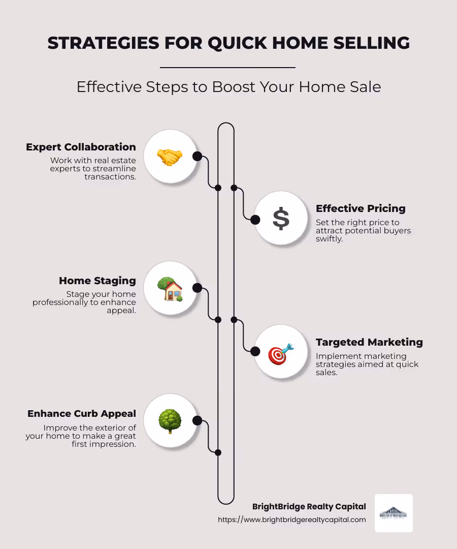 Infographic showing strategies for quick home selling: expert collaboration, effective pricing, and robust marketing - quick real estate solutions infographic infographic-line-5-steps-neat_beige