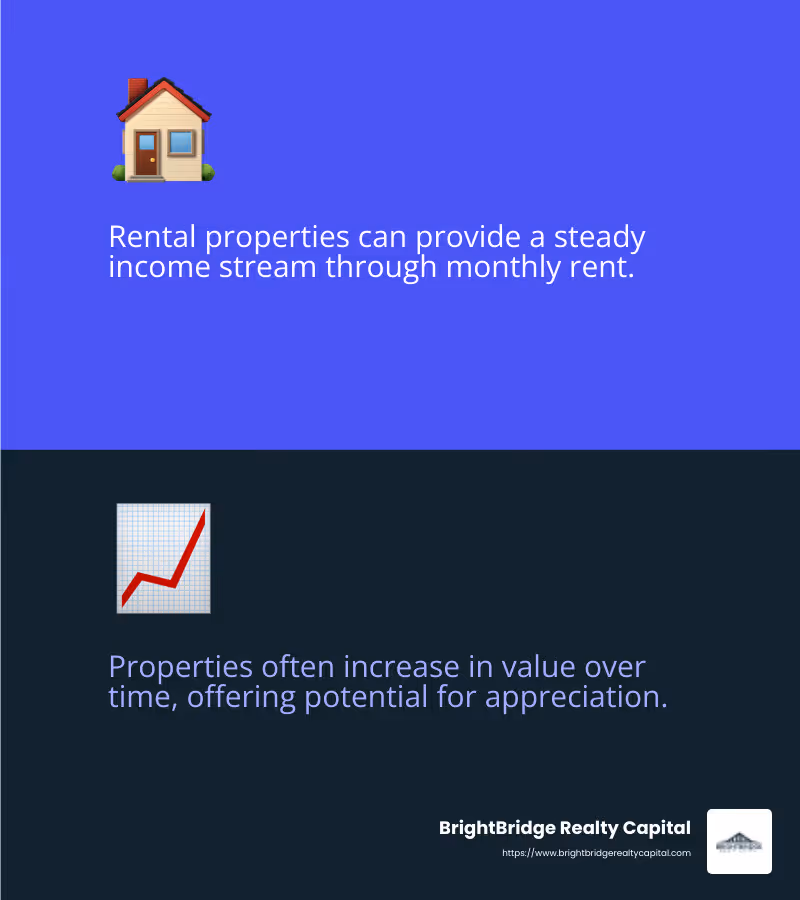 Rental properties offer steady income but require active management. - real estate investment process infographic 2_facts_emoji_blue