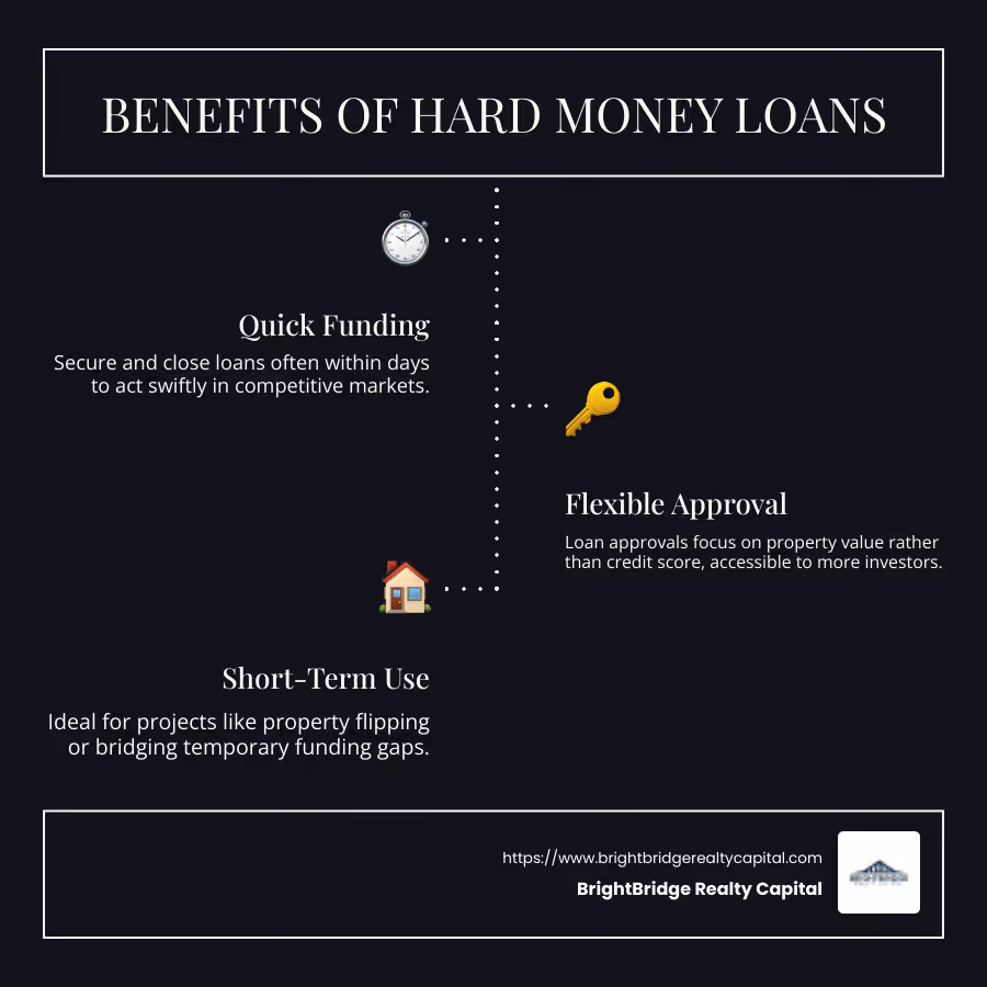 Infographic showing the benefits of hard money loans: quick funding, flexible approval, and short-term use - hard money real estate loans infographic infographic-line-3-steps-dark