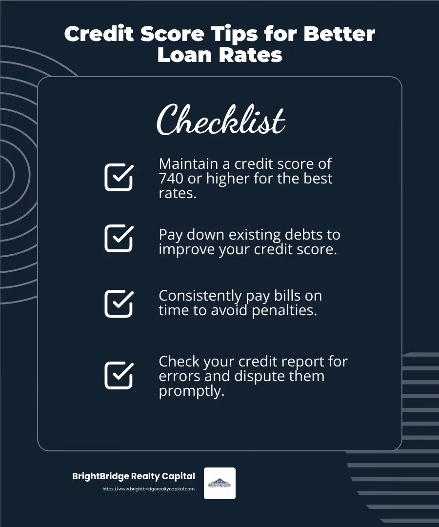 A good credit score is crucial for securing the best loan rates. - Investment property loans infographic checklist-dark-blue