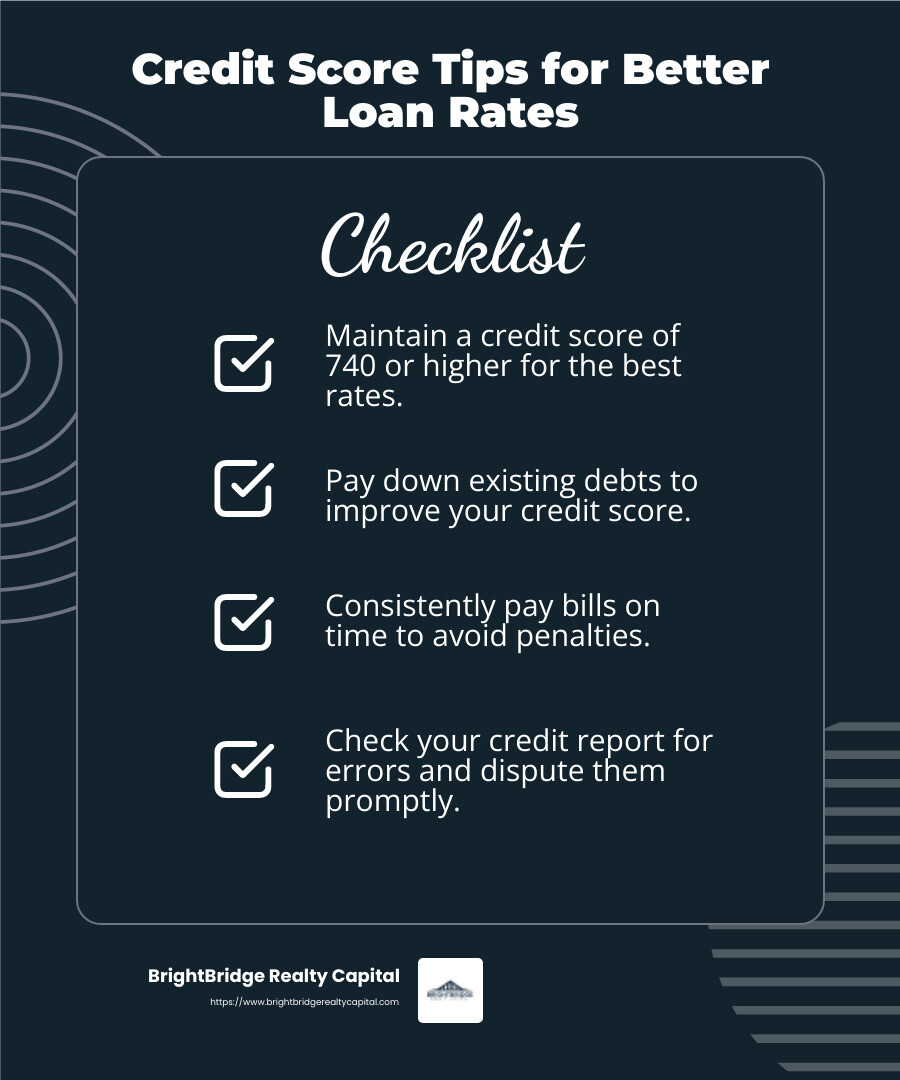 A good credit score is crucial for securing the best loan rates. - Investment property loans infographic checklist-dark-blue