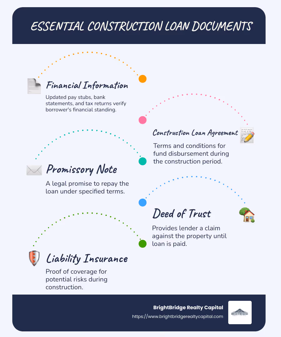 Infographic detailing essential construction loan documents: financial information, construction loan agreement, promissory note, deed of trust, and comprehensive liability insurance. - construction loan documentation infographic infographic-line-5-steps-blues-accent_colors