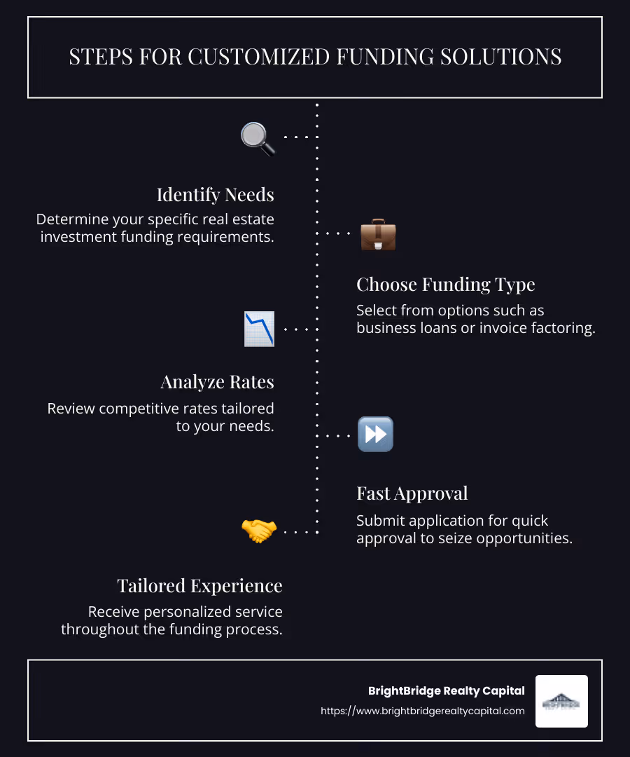 Infographic detailing customized funding options, included are quick approval times, flexible rates, and diverse loan types custom to real estate investments, all clearly laid out in a step-by-step process from inquiry to closing. - Customized funding solutions infographic infographic-line-5-steps-dark