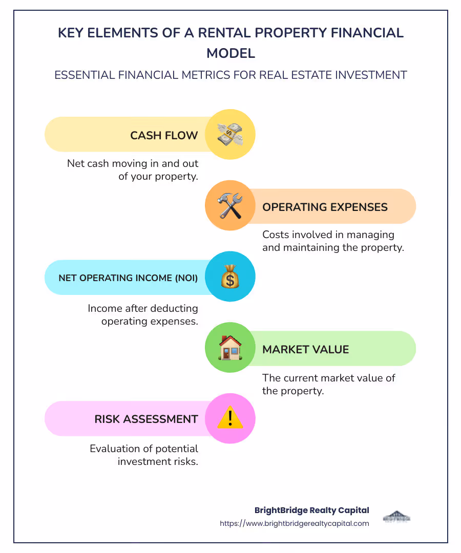 Infographic detailing key elements of a rental property financial model including cash flow, operating expenses, NOI, and risk assessment - rental property financial model infographic infographic-line-5-steps-colors