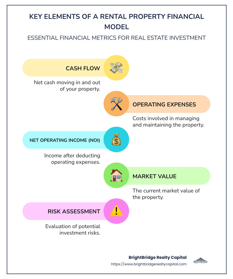 Infographic detailing key elements of a rental property financial model including cash flow, operating expenses, NOI, and risk assessment - rental property financial model infographic infographic-line-5-steps-colors