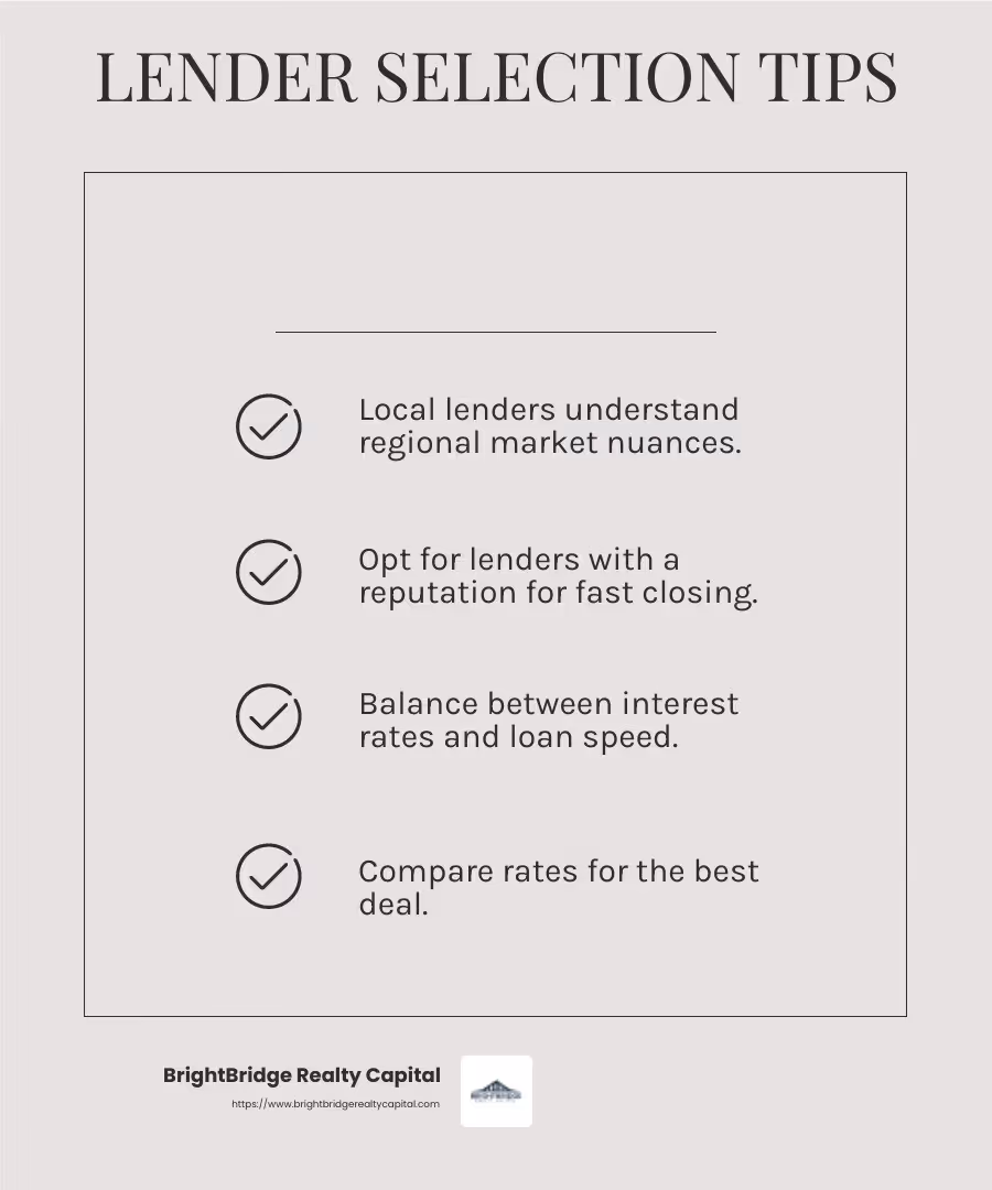 Competitive rates can vary, but finding the right balance between rate and speed is key. - fix and flip real estate loans infographic checklist-light-beige