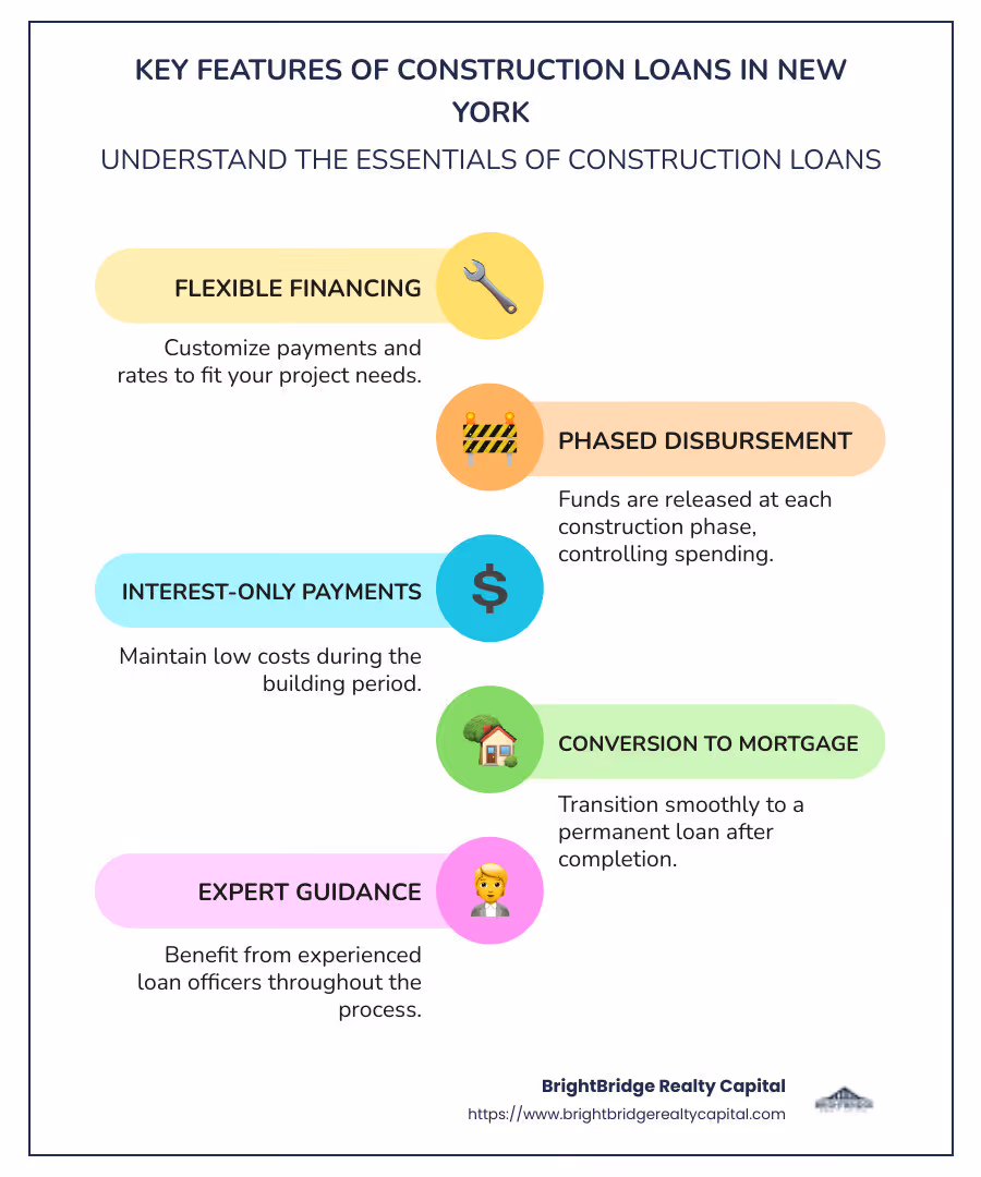 Infographic showing construction loan key features and benefits - construction loans new york infographic infographic-line-5-steps-colors