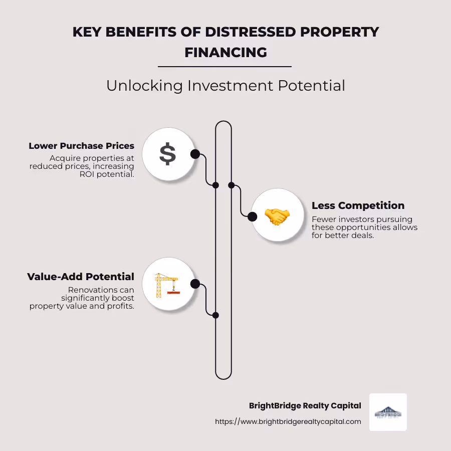 Essential aspects of distressed property financing: lower prices, less competition, and value-add potential. - distressed property financing infographic infographic-line-3-steps-neat_beige