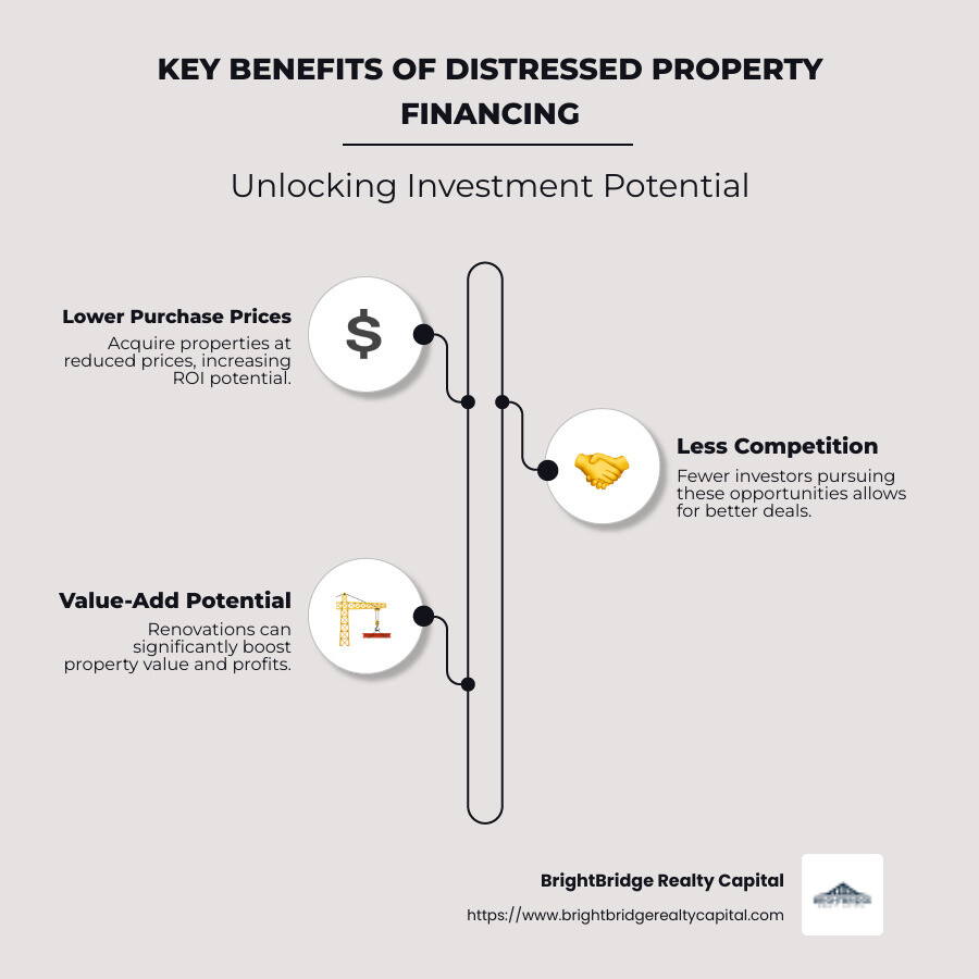 Essential aspects of distressed property financing: lower prices, less competition, and value-add potential. - distressed property financing infographic infographic-line-3-steps-neat_beige