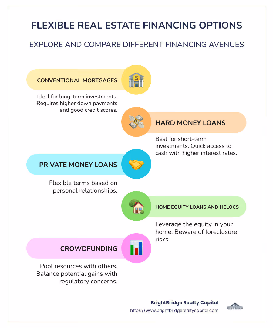 Comparison of flexible financing options for small real estate investors - flexible real estate financing options for small investors infographic infographic-line-5-steps-colors