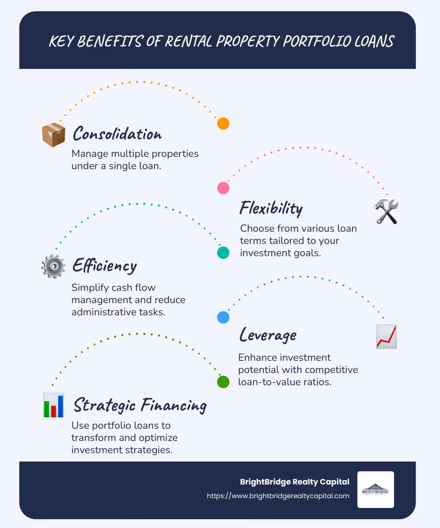 Infographic explaining key benefits of rental property portfolio loans like consolidation, flexibility, and leverage with icons representing each benefit - rental property portfolio loans infographic infographic-line-5-steps-blues-accent_colors