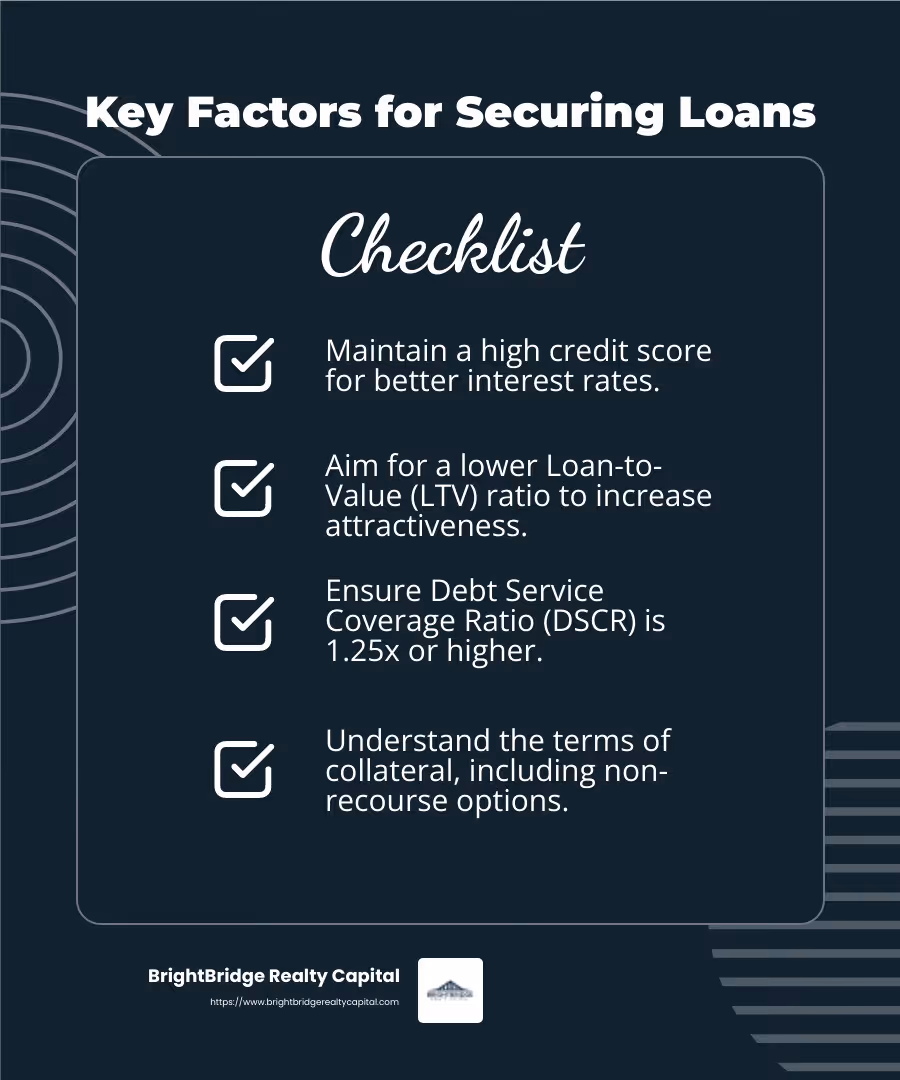 Understanding key factors in securing commercial property loans can significantly improve your chances of obtaining favorable loan conditions. - commercial property loans infographic checklist-dark-blue