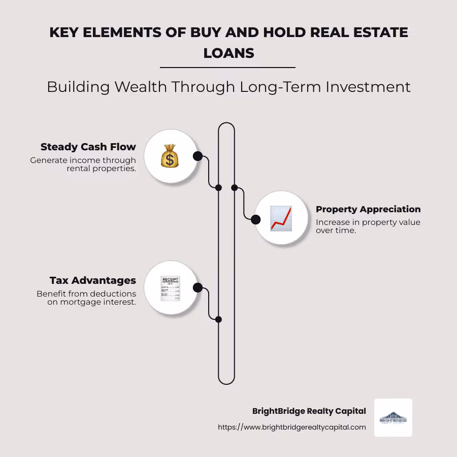 Infographic showing benefits and considerations of buy and hold real estate loans - buy and hold real estate loans infographic infographic-line-3-steps-neat_beige