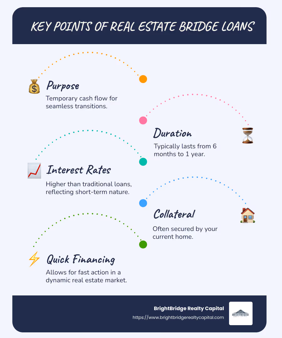 Infographic showing key points of bridge loans, including purpose (temporary cash flow), duration (6 months to 1 year), interest rates (higher than traditional loans), and collateral (current home as security) - what is a real estate bridge loan infographic infographic-line-5-steps-blues-accent_colors