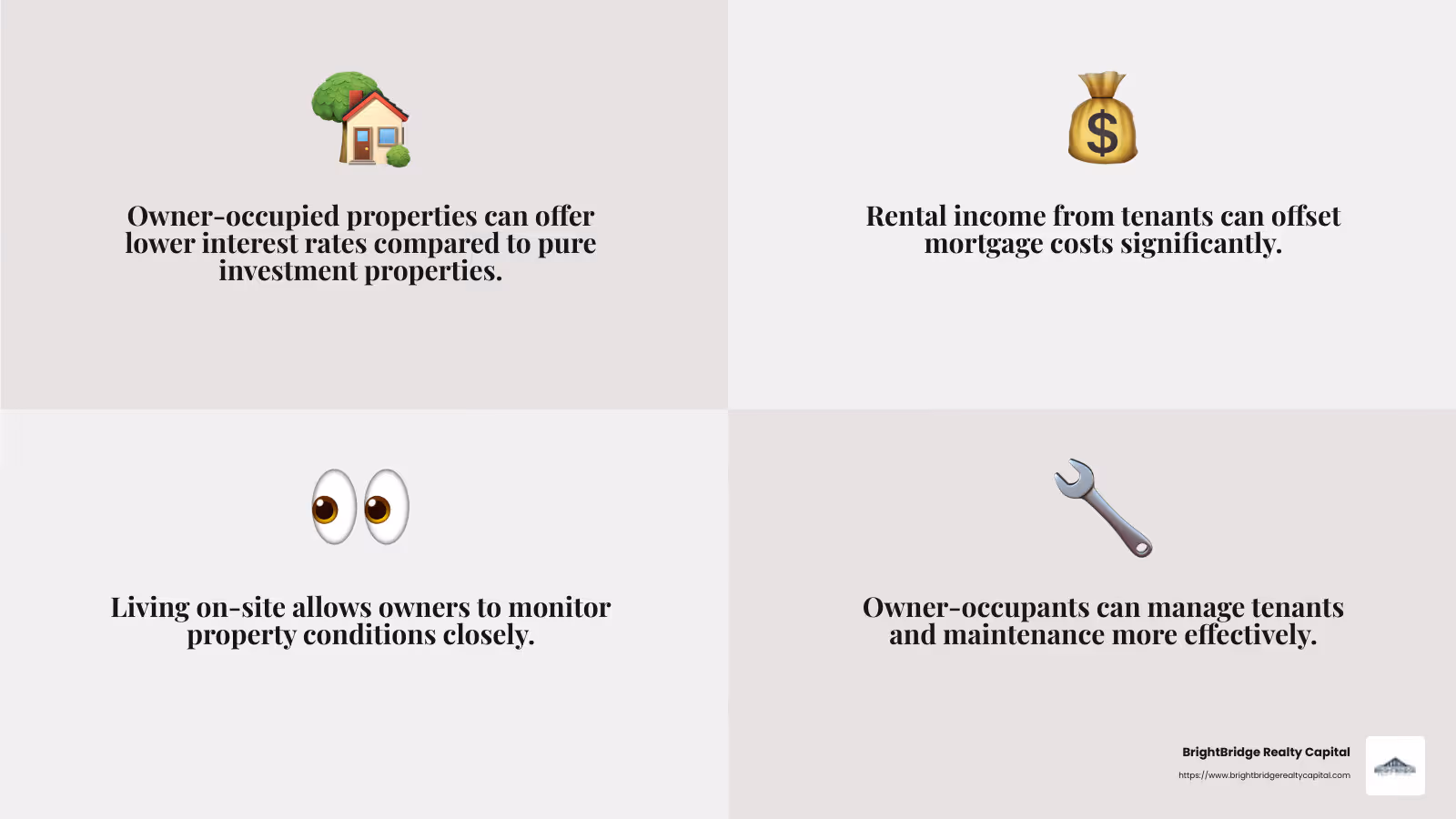 Owner-Occupied Property Benefits - owner occupied rental property mortgage infographic 4_facts_emoji_grey