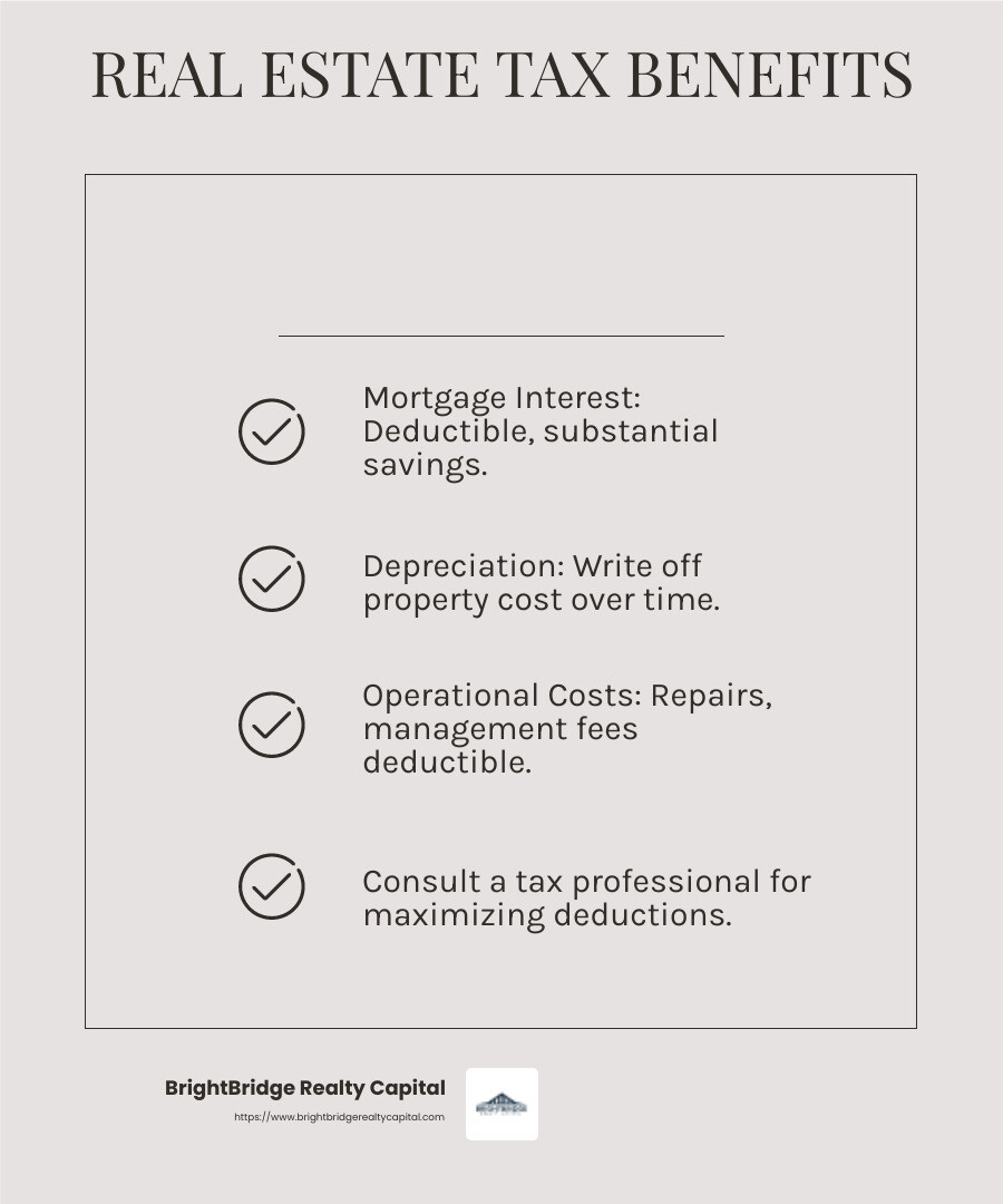 Tax benefits of real estate investing can significantly improve your returns. Source: Investopedia - real estate investors funding infographic checklist-light-beige
