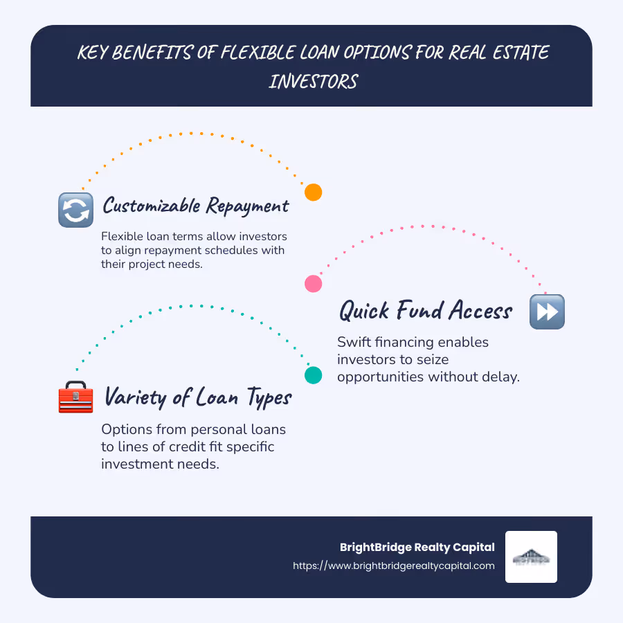 Infographic showing advantages of flexible loan options including quick funding, customizable terms, and custom solutions for real estate investors. - flexible loan options infographic infographic-line-3-steps-blues-accent_colors