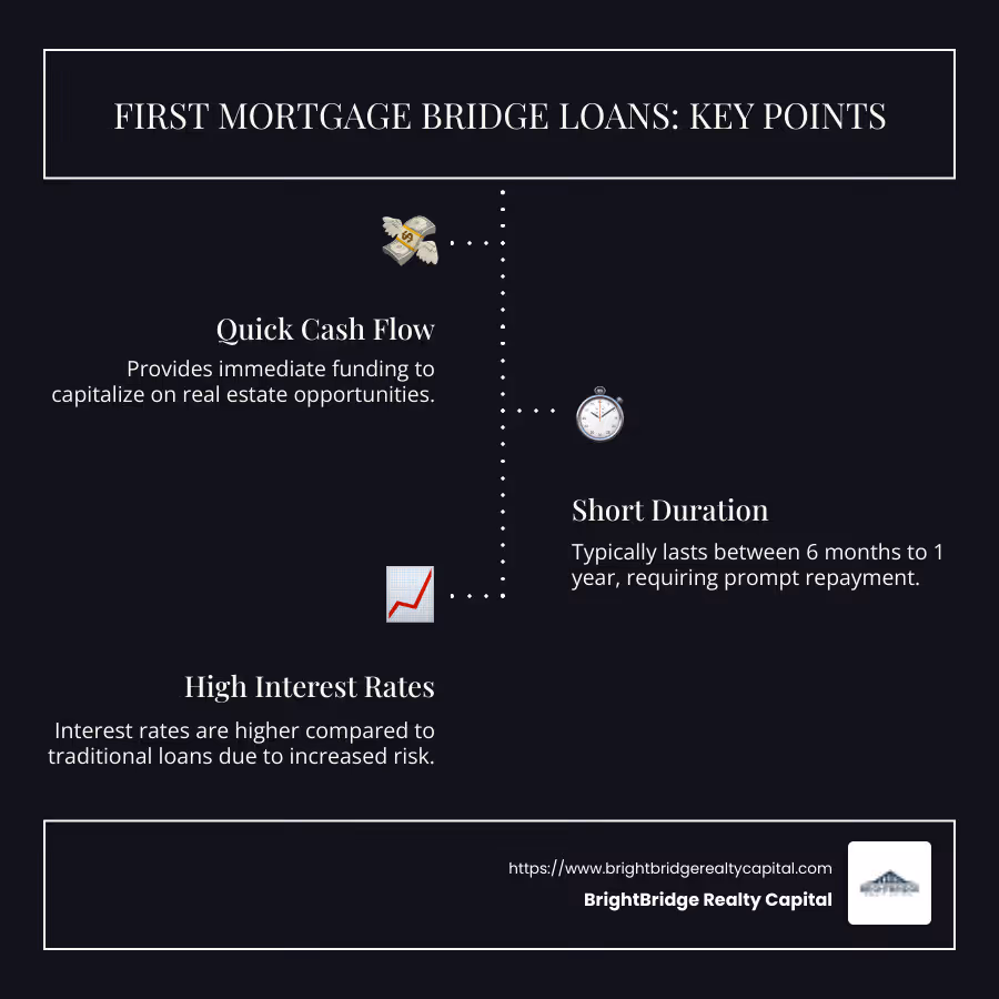 Infographic detailing key points of first mortgage bridge loans, highlighting quick cash flow, short duration, high interest rates, and collateral requirements for real estate investors. - first mortgage bridge loans infographic infographic-line-3-steps-dark