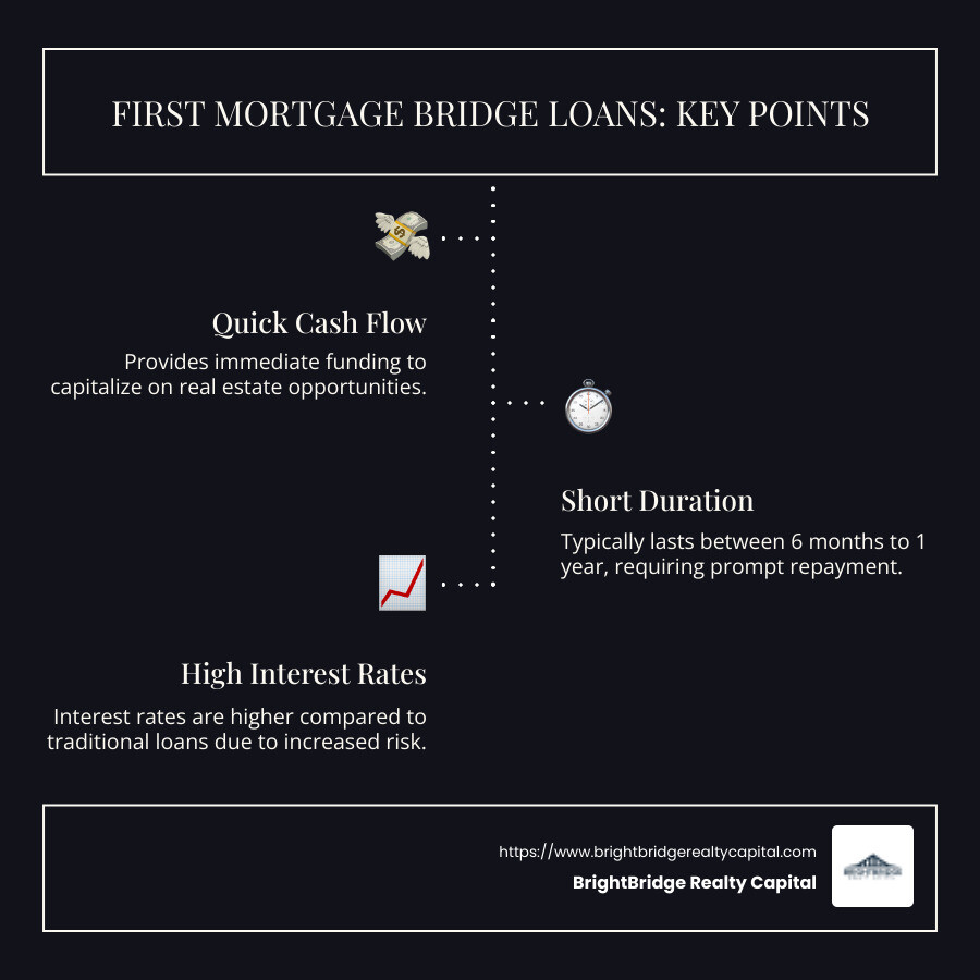 Infographic detailing key points of first mortgage bridge loans, highlighting quick cash flow, short duration, high interest rates, and collateral requirements for real estate investors. - first mortgage bridge loans infographic infographic-line-3-steps-dark