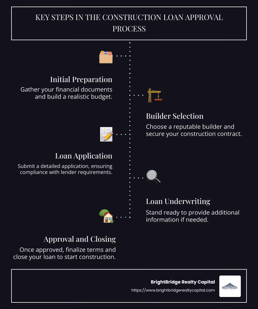 Infographic explaining the key steps in the construction loan approval process including preparation, builder selection, application submission, underwriting, and loan closing - construction loan approval process infographic infographic-line-5-steps-dark