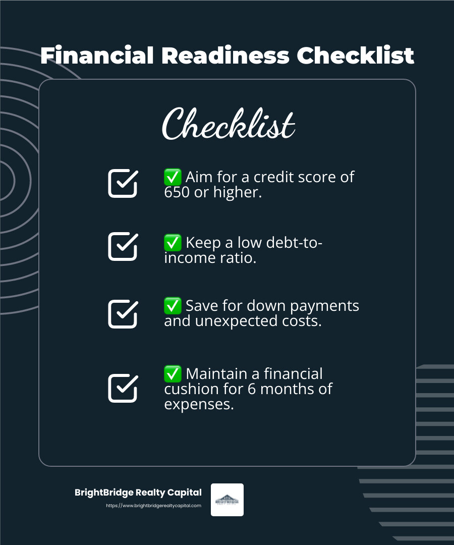 Financial readiness is crucial for real estate investment success. - Real estate investment resources infographic checklist-dark-blue Financial readiness is crucial for real estate investment success. - Real estate investment resources infographic checklist-dark-blue