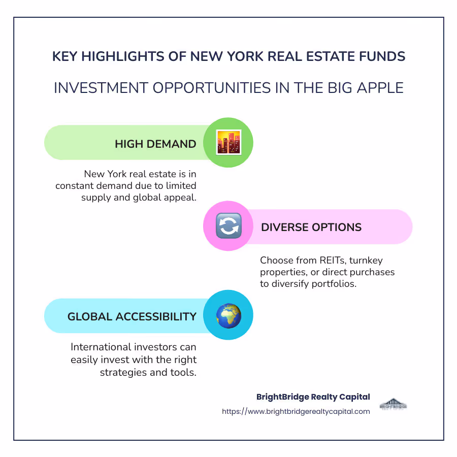 An infographic detailing various New York City real estate investment opportunities and their potential benefits - New York real estate funds infographic infographic-line-3-steps-colors