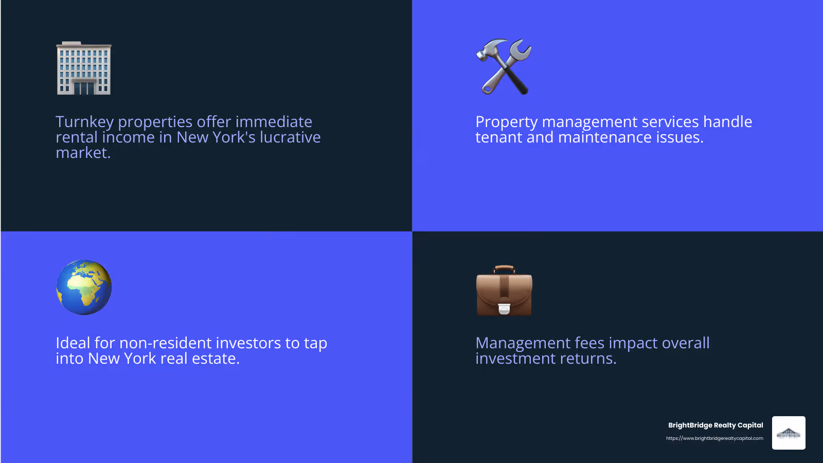 Immediate rental income and property management make turnkey properties ideal for non-resident investors. - New York real estate investment infographic 4_facts_emoji_blue
