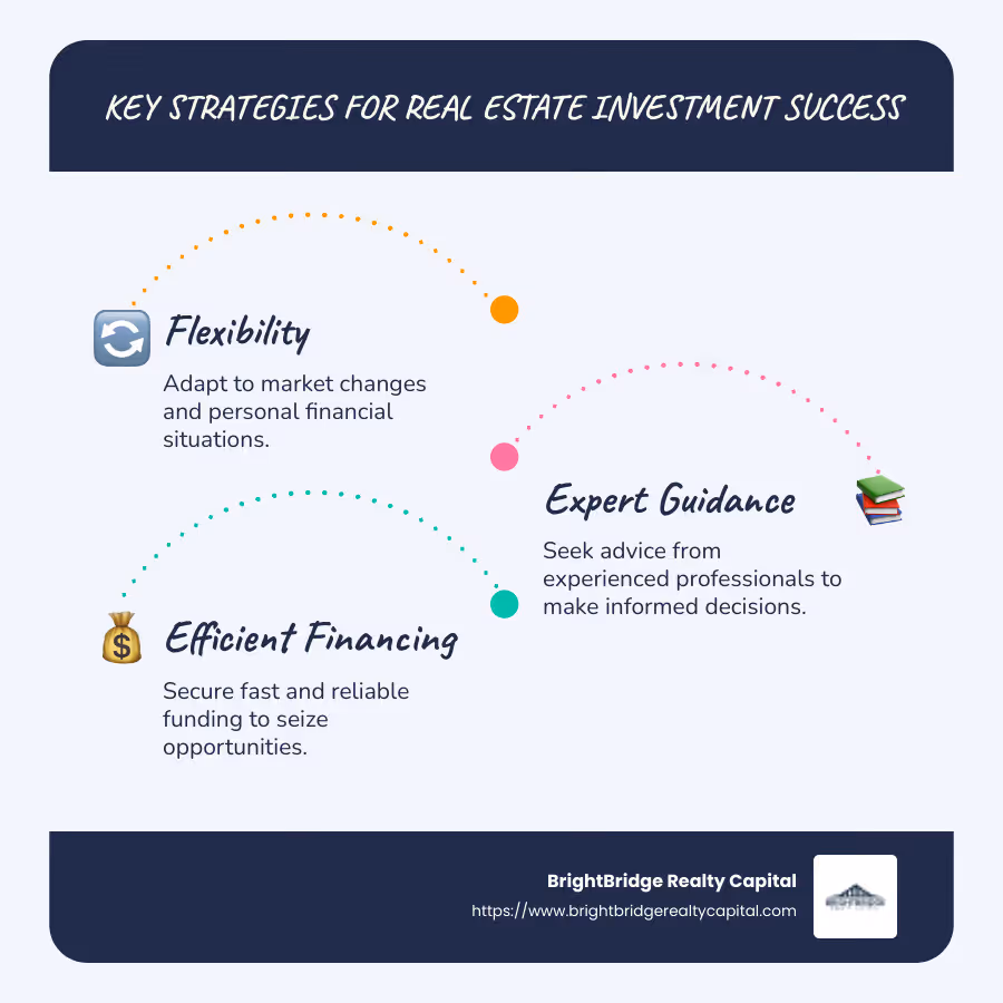 Infographic showing key real estate strategies for success including flexibility, expert guidance, efficient financing, and market insight - real estate investment solutions infographic infographic-line-3-steps-blues-accent_colors