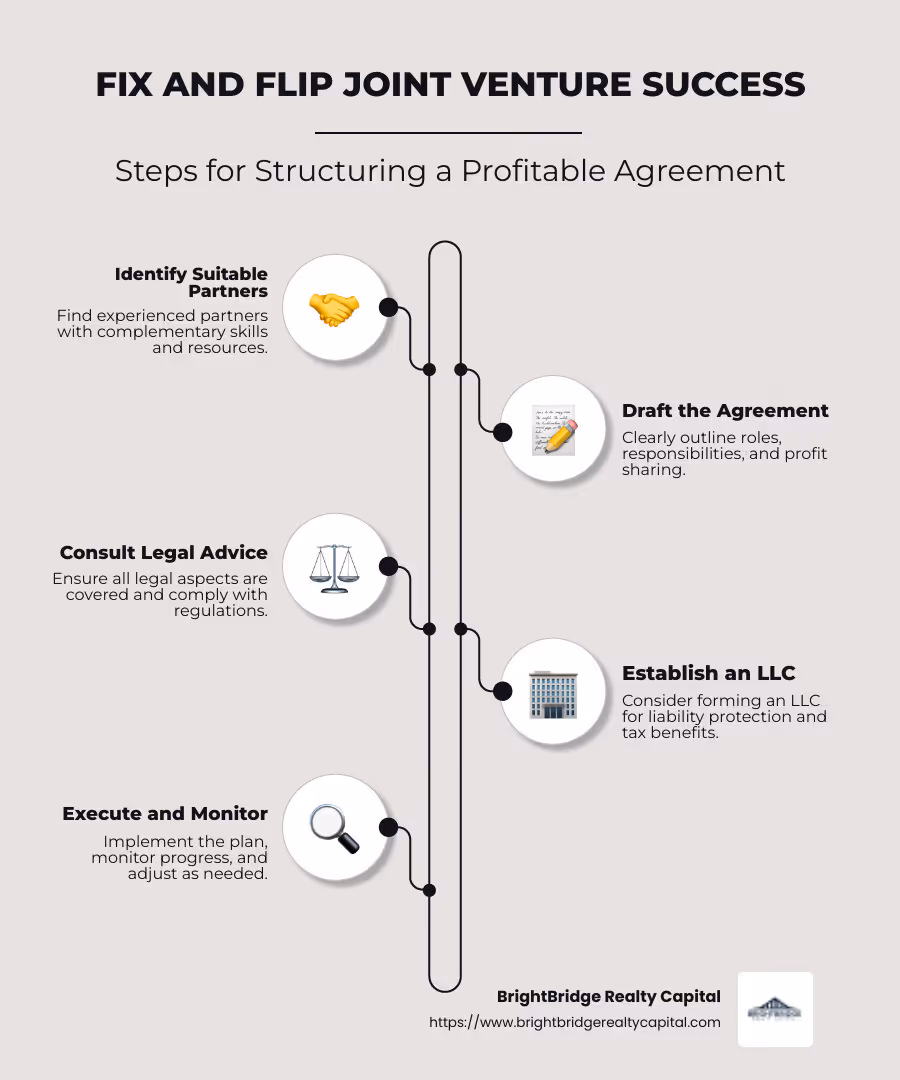 Fix and flip joint venture infographic: Steps to success, roles and responsibilities, profit sharing - fix and flip joint venture agreement infographic infographic-line-5-steps-neat_beige
