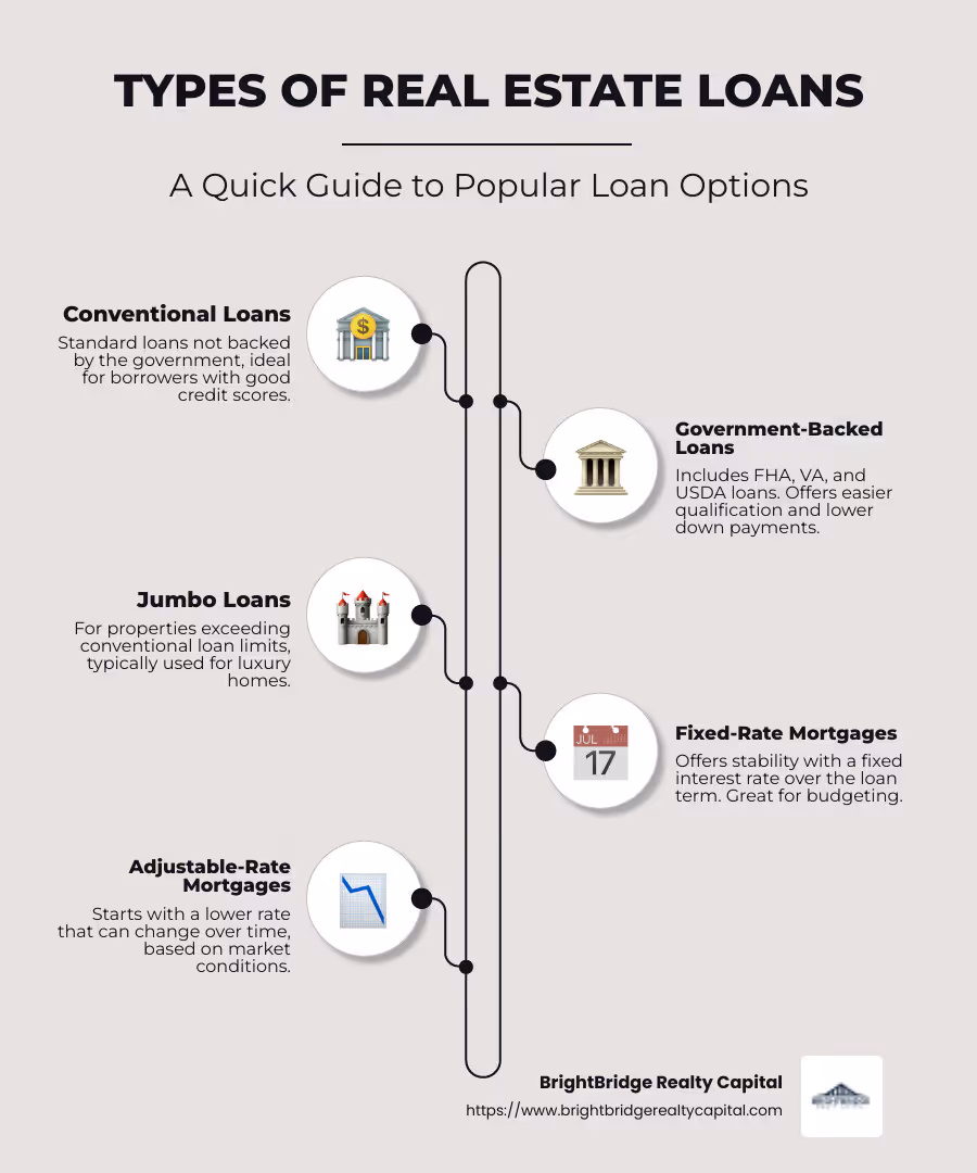 Types of real estate loans infographic showcasing various loan options and their key characteristics - types of real estate loans infographic infographic-line-5-steps-neat_beige