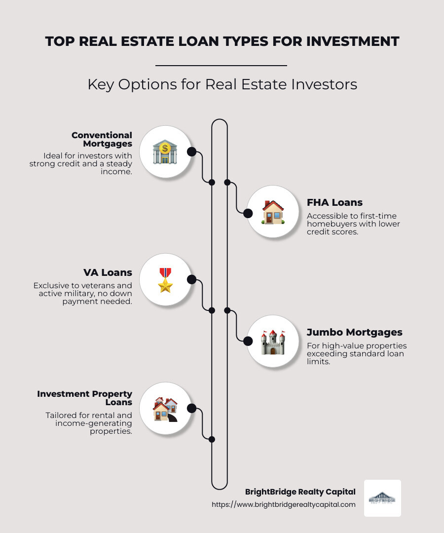 Infographic showing top real estate loan types for different investment goals, including purpose, credit requirements, and potential benefits - best real estate loans infographic infographic-line-5-steps-neat_beige