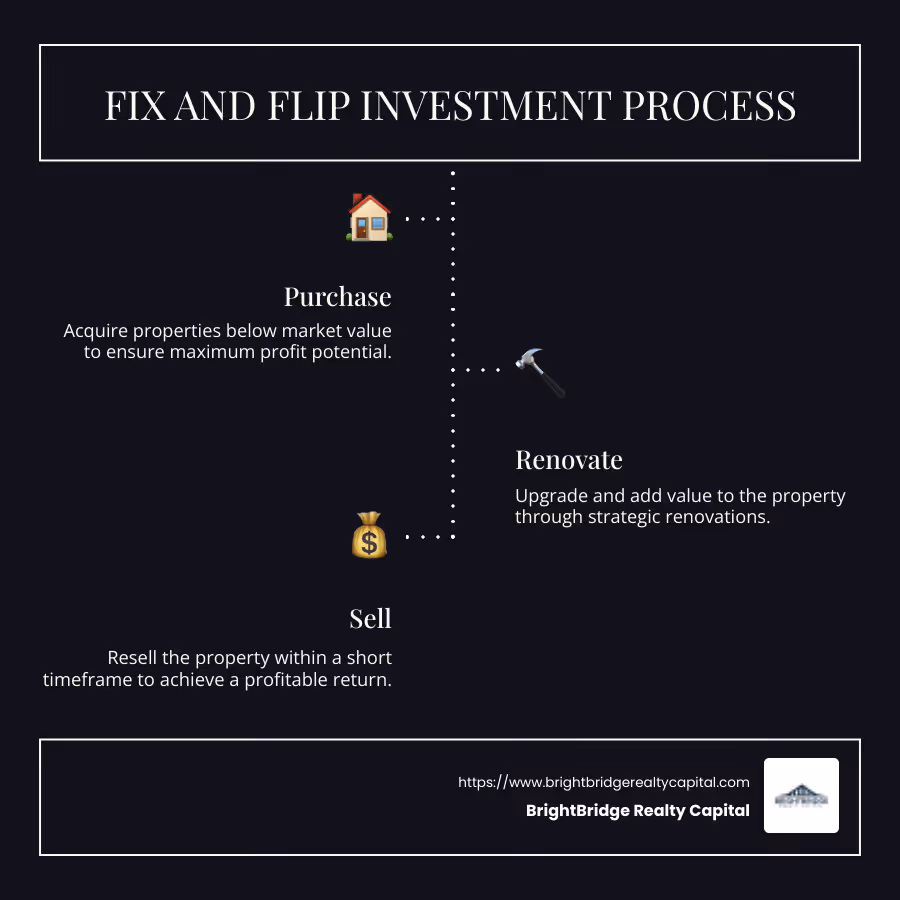 Infographic explaining the process of fix and flip investments, highlighting the key steps: acquisition of a distressed property, renovation to increase value, and resale for profit. The graphic includes statistics on typical ROI and market trends. - fix and flip investors infographic infographic-line-3-steps-dark