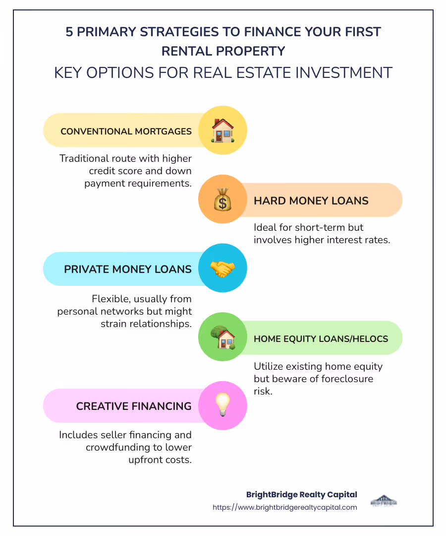 Infographic detailing 5 primary strategies to finance a rental property: conventional mortgages, hard money loans, private money loans, home equity loans/HELOCs, and creative financing with pros, cons, and ideal scenarios for each - how to finance your first rental property infographic infographic-line-5-steps-colors
