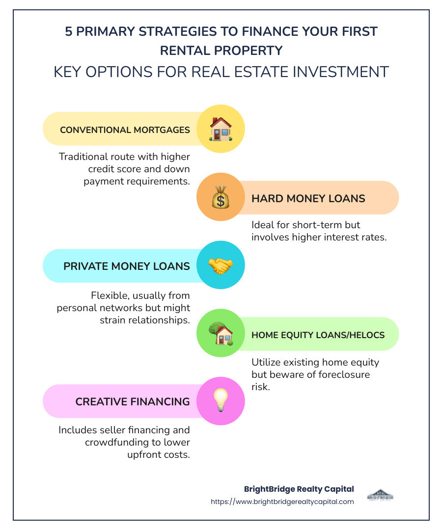 Infographic detailing 5 primary strategies to finance a rental property: conventional mortgages, hard money loans, private money loans, home equity loans/HELOCs, and creative financing with pros, cons, and ideal scenarios for each - how to finance your first rental property infographic infographic-line-5-steps-colors Infographic detailing 5 primary strategies to finance a rental property: conventional mortgages, hard money loans, private money loans, home equity loans/HELOCs, and creative financing with pros, cons, and ideal scenarios for each - how to finance your first rental property infographic infographic-line-5-steps-colors