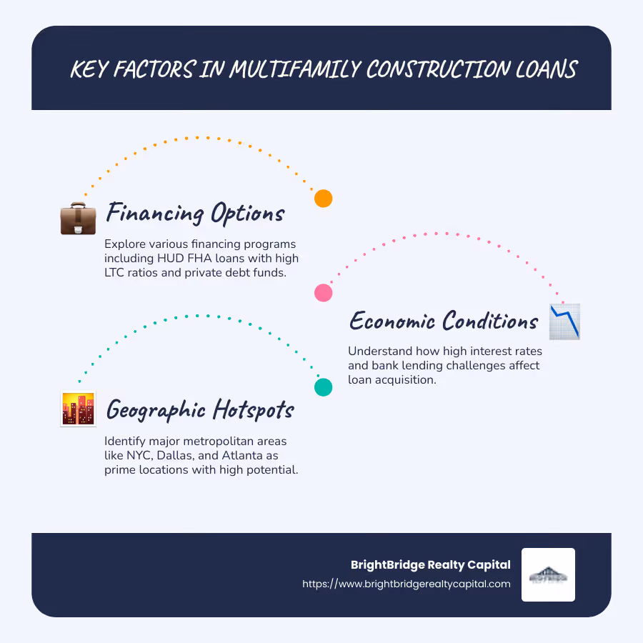 A detailed infographic illustrating key points about multifamily construction loans, including financing options, loan to cost ratios, economic conditions, and geographic concentration in large metropolitan areas. - multifamily construction loans infographic infographic-line-3-steps-blues-accent_colors