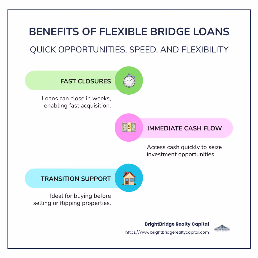 Infographic highlighting the benefits of flexible bridge loan options including quick closures, immediate cash access, and transitional financial coverage - flexible bridge loan options infographic infographic-line-3-steps-colors