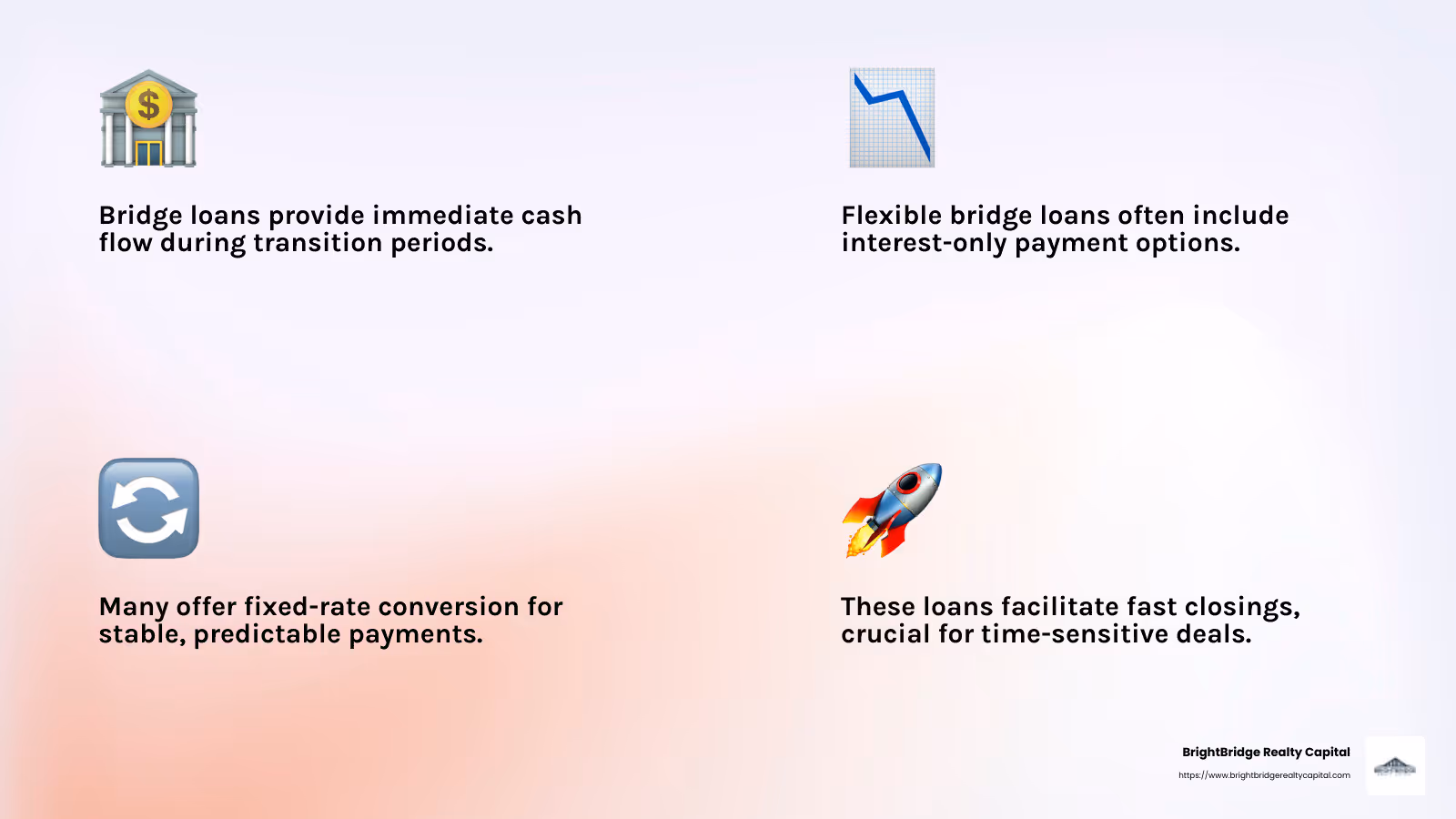 Flexible bridge loans offer speed, adaptability, and cost-effectiveness for real estate investors. - flexible bridge loan options infographic 4_facts_emoji_light-gradient