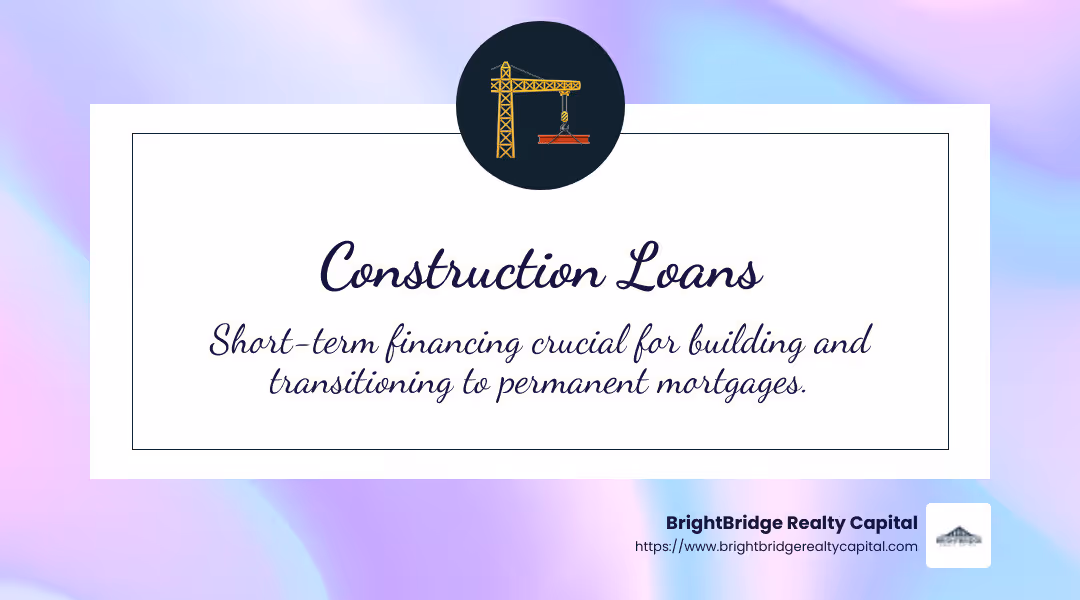 Construction loans provide short-term financing for building projects, ensuring a smooth transition to permanent mortgages upon completion. - Construction loan specialists infographic simple-emoji-landscape-beauty